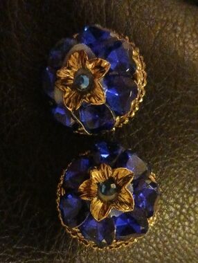 Gold Floral Accent Navy Blue Crystal Earrings